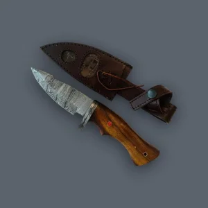Handmade Damascus Steel Fixed Blade Hunting Knife with Wood Handle &amp; Leather Sheath