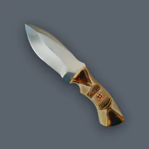 Handmade Fixed Blade Hunting Knife with Carved Bone Handle &amp; Mosaic Pin