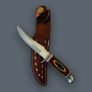 Handmade Fixed Blade Hunting Knife with Multi-Color Wood Handle &amp; Leather Sheath