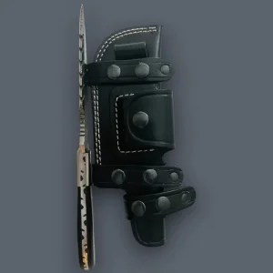 Handmade Damascus Steel Knife with File-Work Spine &amp; Black Leather Sheath