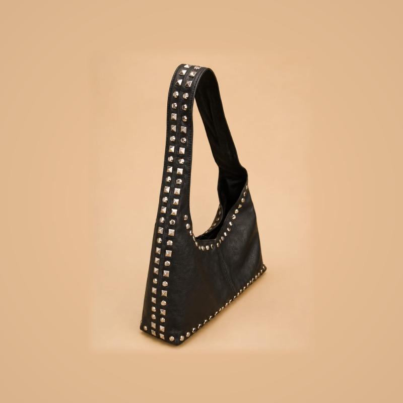 Women's Black Studded Leather Hobo Shoulder Bag