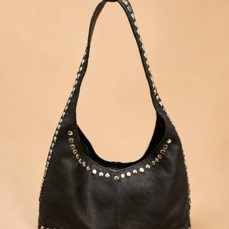 Women's Black Studded Leather Hobo Shoulder Bag