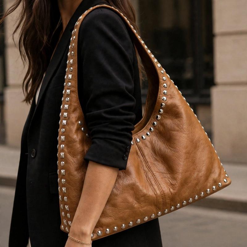 Women's Black Studded Leather Hobo Shoulder Bag