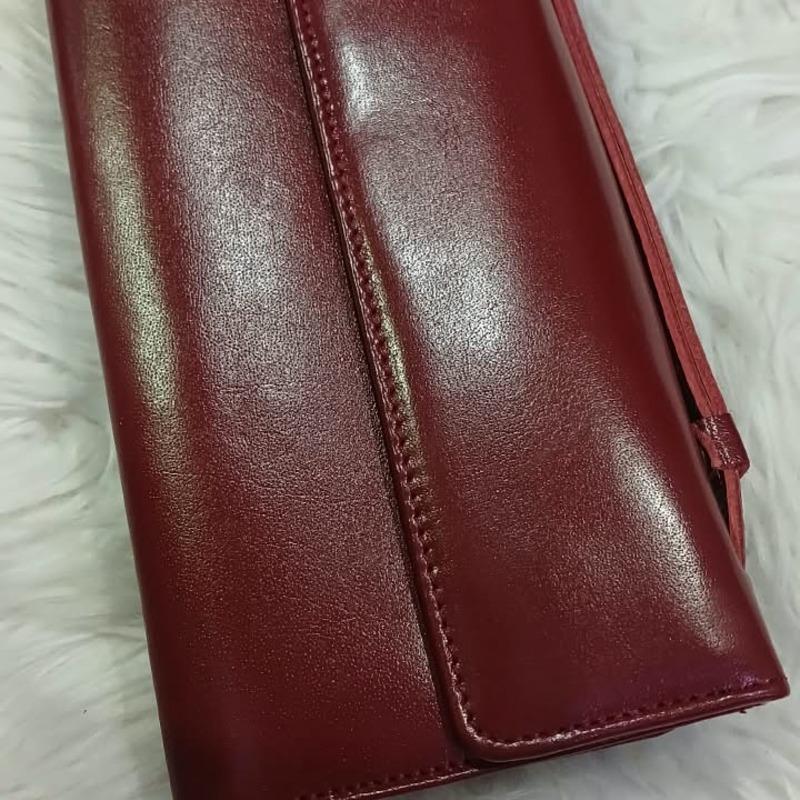 Leather Long Wallet — Maroon Flap & Black Red Stripe Styles