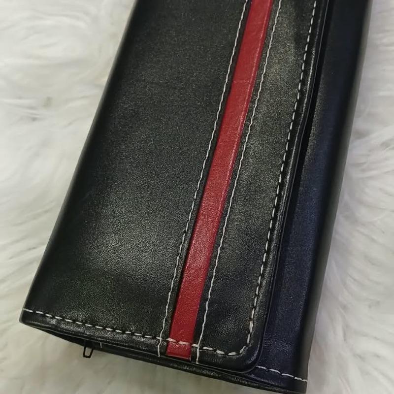 Leather Long Wallet — Maroon Flap & Black Red Stripe Styles