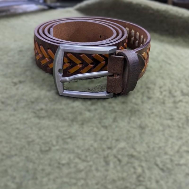 Men's Brown Woven Leather Belt — Metal Pin Buckle