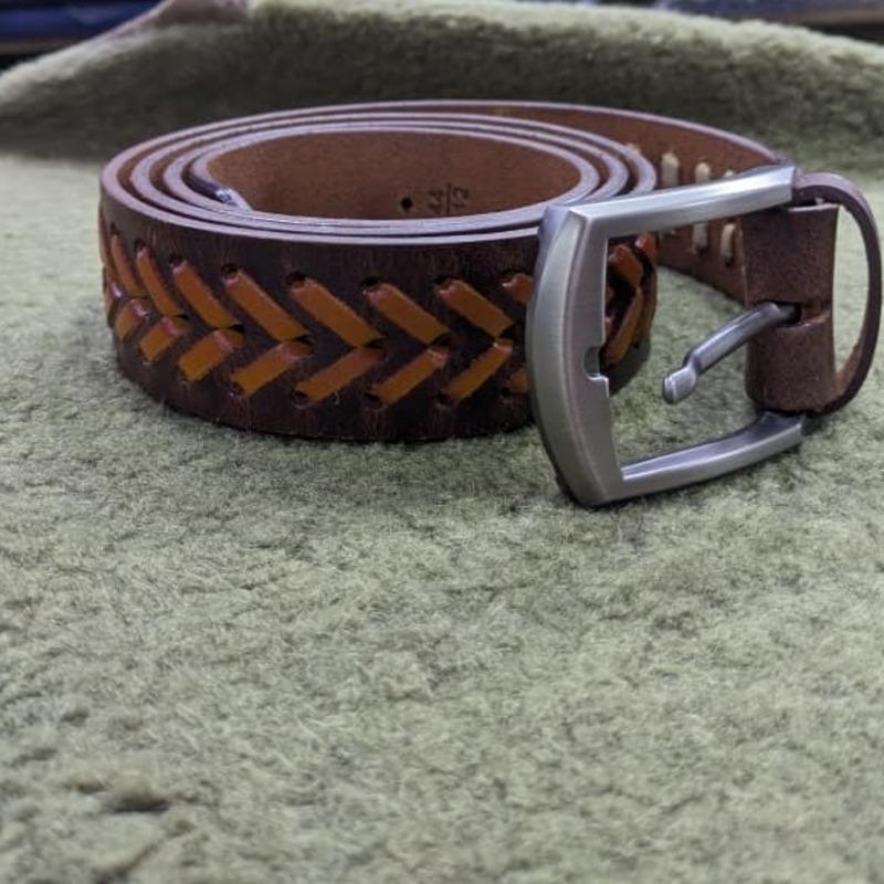 Men's Brown Woven Leather Belt — Metal Pin Buckle