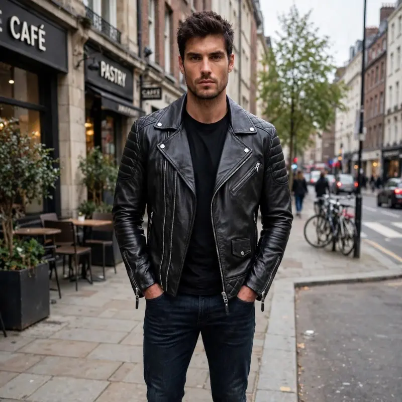 Men's Black Leather Biker Jacket — Quilted Motorcycle Jacket