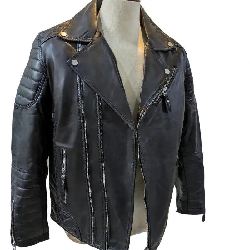 Men's Black Leather Biker Jacket — Quilted Motorcycle Jacket