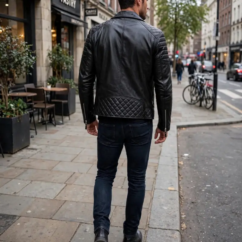 Men's Black Leather Biker Jacket — Quilted Motorcycle Jacket