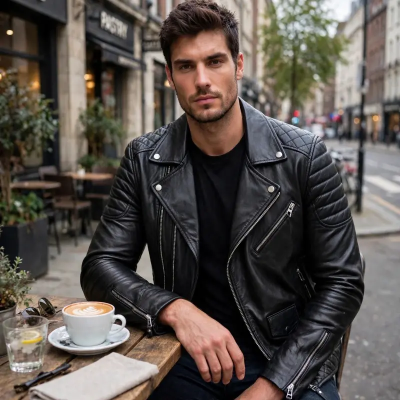 Men's Black Leather Biker Jacket — Quilted Motorcycle Jacket