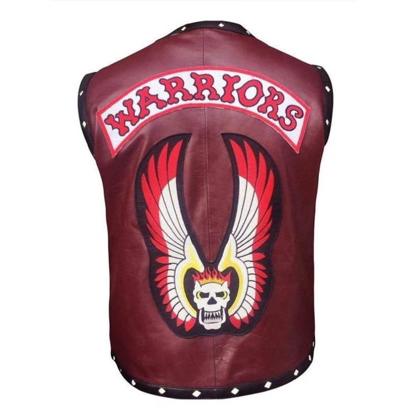 Men's Maroon Studded Leather Biker Vest with Warriors Back Patch