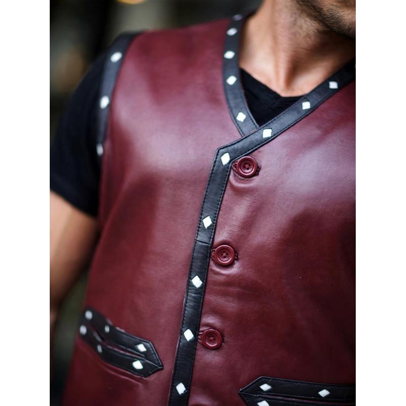Men's Maroon Studded Leather Biker Vest with Warriors Back Patch
