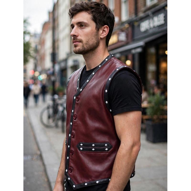 Men's Maroon Studded Leather Biker Vest with Warriors Back Patch