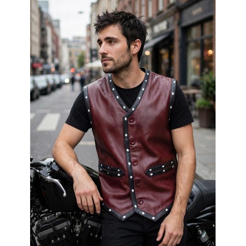 Men's Maroon Studded Leather Biker Vest with Warriors Back Patch