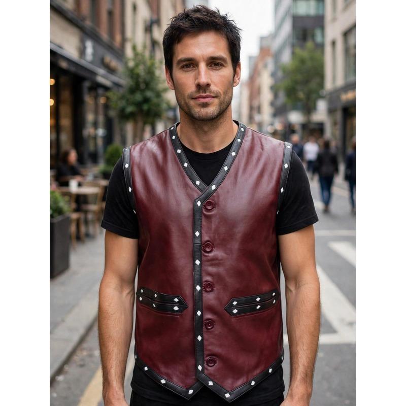 Men's Maroon Studded Leather Biker Vest with Warriors Back Patch