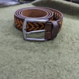 Men's Brown Woven Leather Belt — Metal Pin Buckle