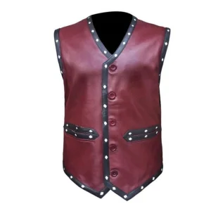 Men's Maroon Studded Leather Biker Vest with Warriors Back Patch