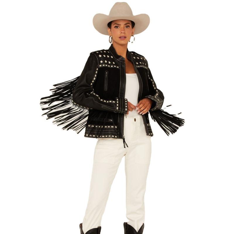2026 Fashion Fringe Leather Jacket for Women | Western Boho Cowgirl Style | Soft Real Sheepskin Moto Jacket