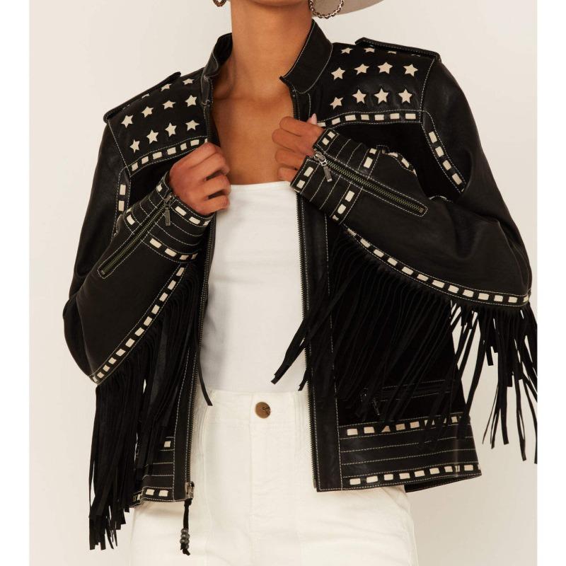 2026 Fashion Fringe Leather Jacket for Women | Western Boho Cowgirl Style | Soft Real Sheepskin Moto Jacket