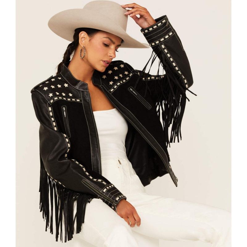 2026 Fashion Fringe Leather Jacket for Women | Western Boho Cowgirl Style | Soft Real Sheepskin Moto Jacket