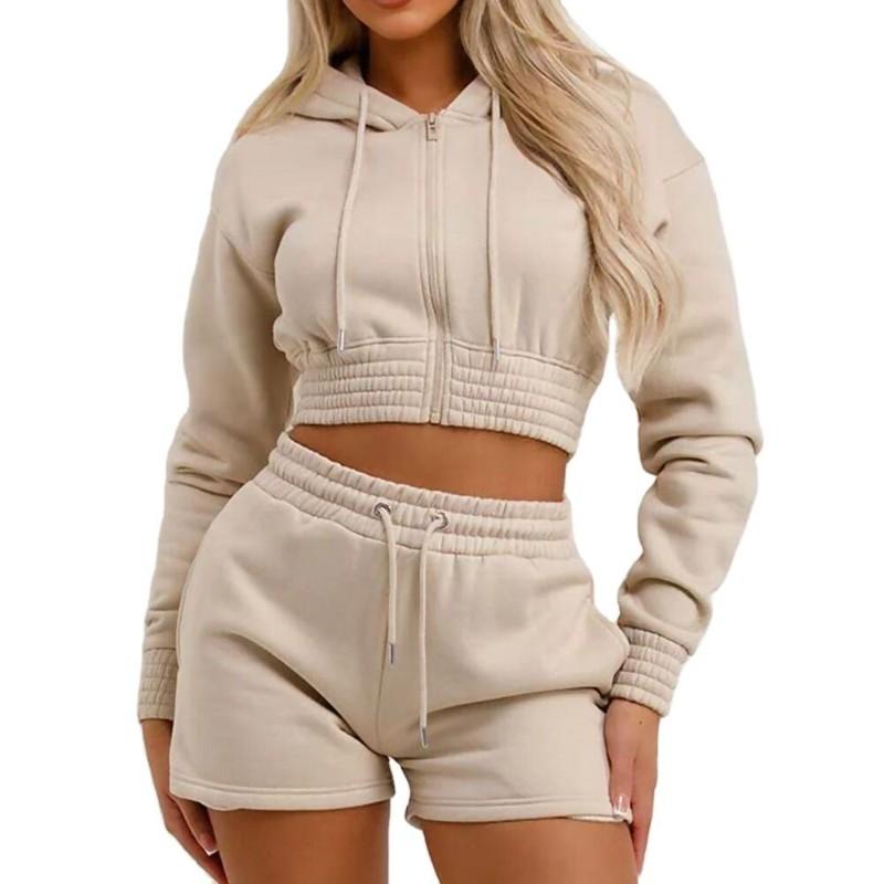 Custom Women's Hoodie and Shorts Set, Cropped Zip-Up Two Piece Streetwear, 100% Cotton Fleece, Wholesale Logo Tracksuit Manufacturer Sialkot
