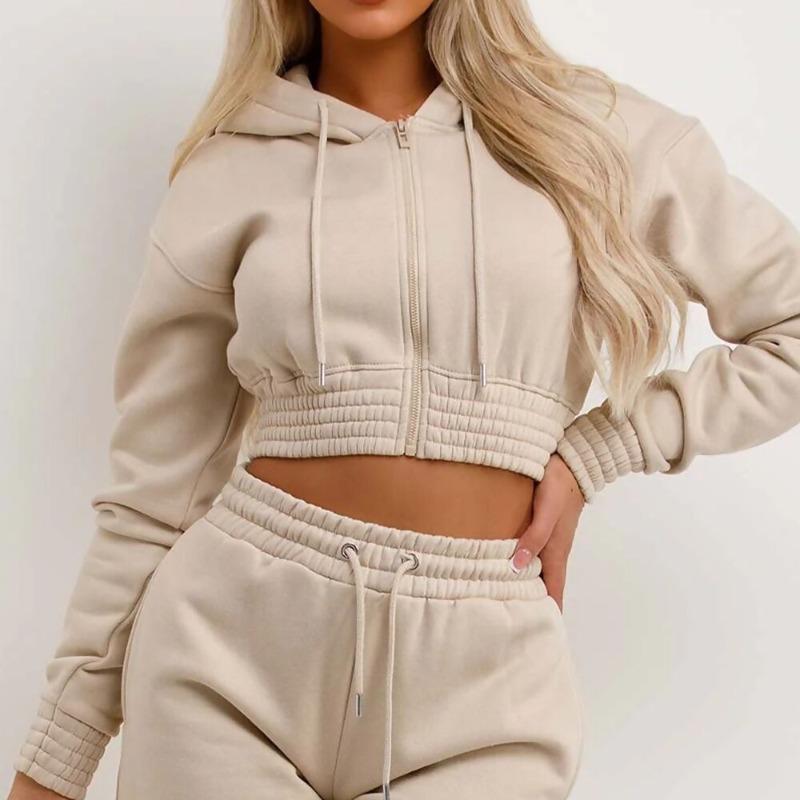 Custom Women's Hoodie and Shorts Set, Cropped Zip-Up Two Piece Streetwear, 100% Cotton Fleece, Wholesale Logo Tracksuit Manufacturer Sialkot