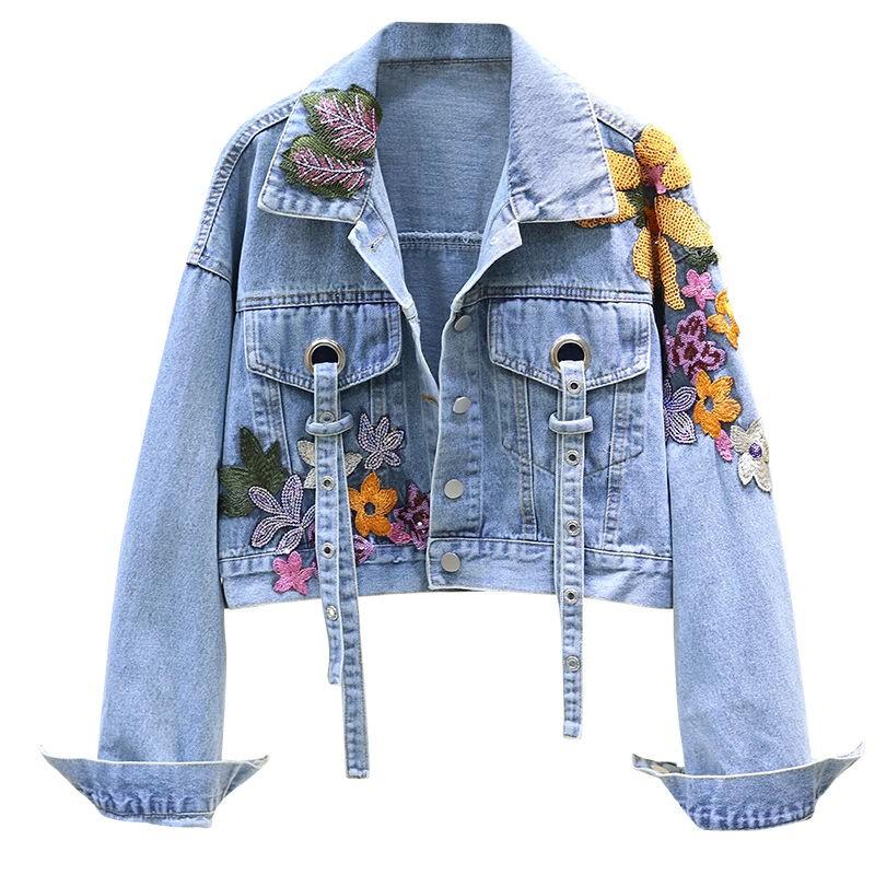 Wholesale Women's Embroidered Jean Jacket, Y2K Boho Floral Cropped Denim Jacket with Grommet Straps, Private Label OEM Sialkot