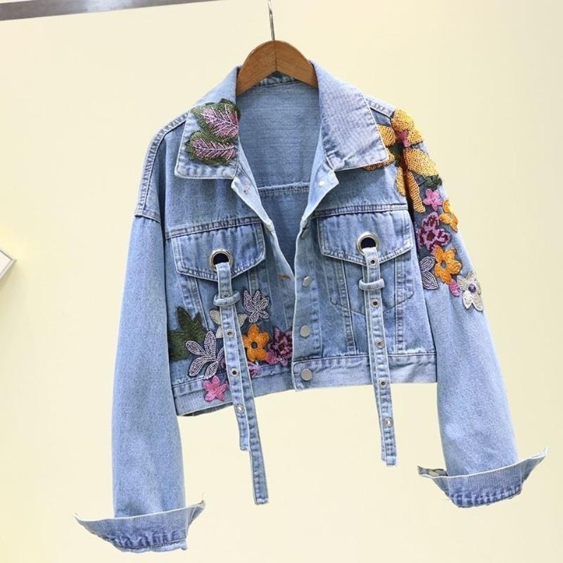 Wholesale Women's Embroidered Jean Jacket, Y2K Boho Floral Cropped Denim Jacket with Grommet Straps, Private Label OEM Sialkot