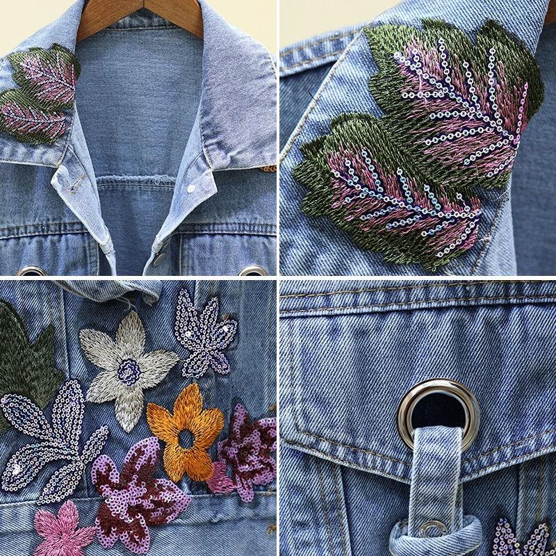 Wholesale Women's Embroidered Jean Jacket, Y2K Boho Floral Cropped Denim Jacket with Grommet Straps, Private Label OEM Sialkot