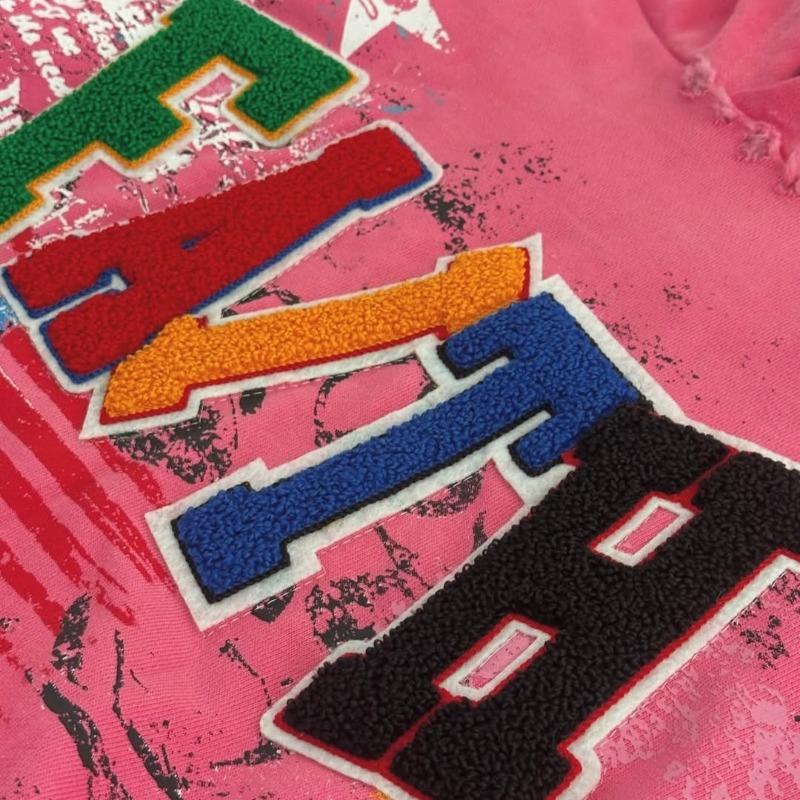Embroidery Hoodie Custom, Chenille Patch Distressed Streetwear Hoodie, Pink Acid Wash Oversized, Wholesale OEM Sialkot