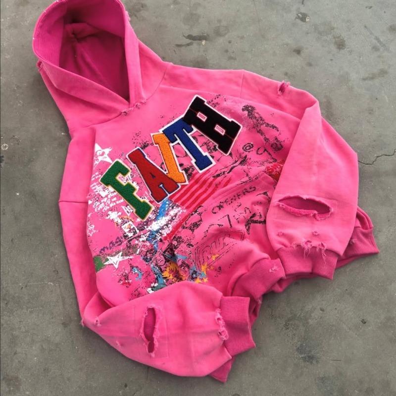 Embroidery Hoodie Custom, Chenille Patch Distressed Streetwear Hoodie, Pink Acid Wash Oversized, Wholesale OEM Sialkot