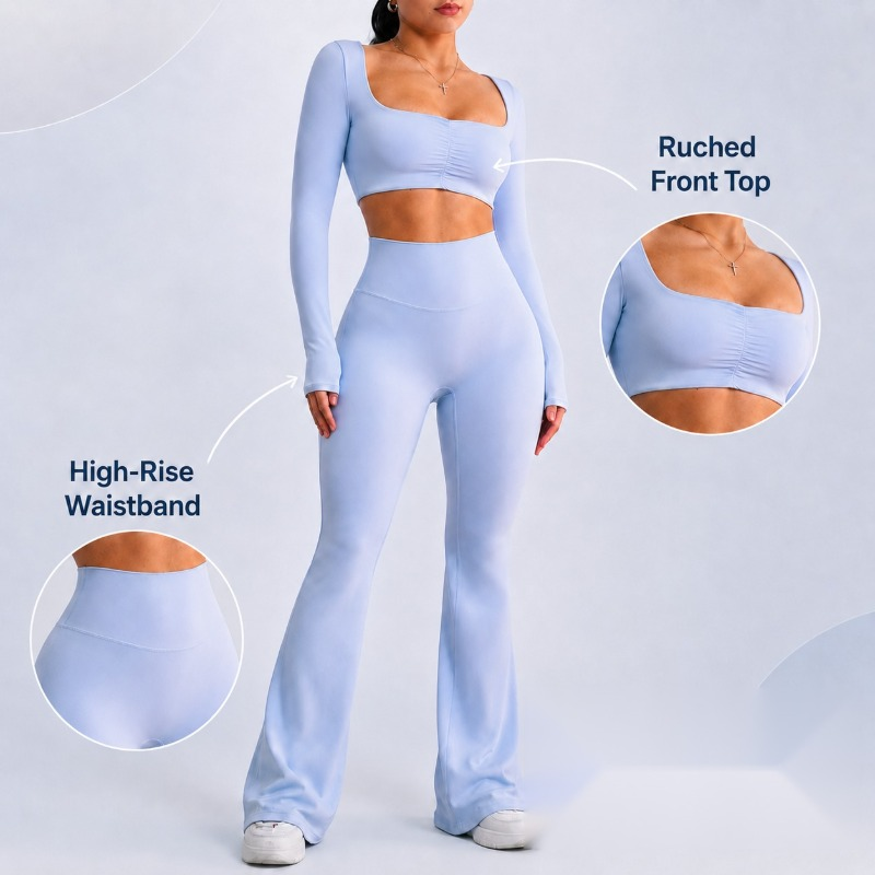 Custom Yoga Set Women, High Waist Flared Pants and Top, Two Piece Pilates Workout Activewear, Fitness Gym Sportswear