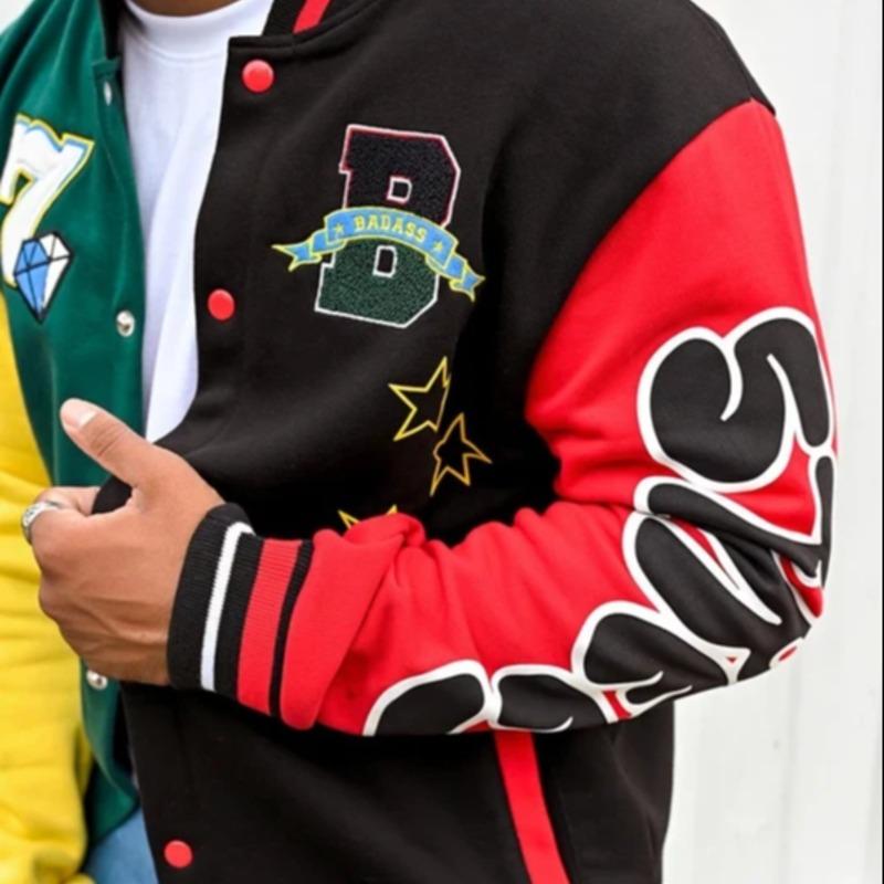 Custom Harajuku Retro Colorblock Letterman Jacket | Heavy Gauge Fleece Embroidered Graphic Hip Hop Varsity Jacket Bulk Supplier Sialkot, Pakistan