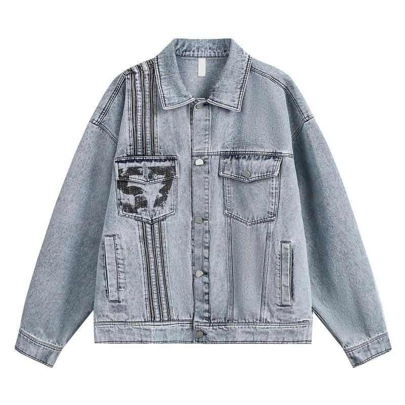 Wholesale Custom Denim Jacket Men for Clothing Brands, Vintage Wash Oversized Jean Jacket, Zipper Stripe Detail, Distressed Print, Streetwear Jean Jacket Manufacturer Pakistan
