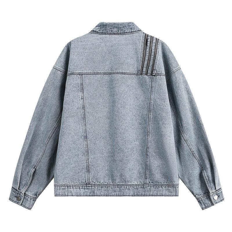 Wholesale Custom Denim Jacket Men for Clothing Brands, Vintage Wash Oversized Jean Jacket, Zipper Stripe Detail, Distressed Print, Streetwear Jean Jacket Manufacturer Pakistan