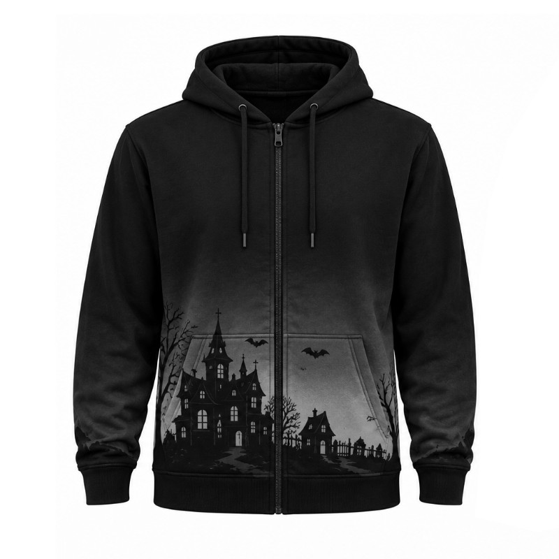 Custom Men’s Halloween Gothic Zip-Up Fleece Hoodie | Haunted House & Bat Print | OEM/ODM Manufacturer, Pakistan