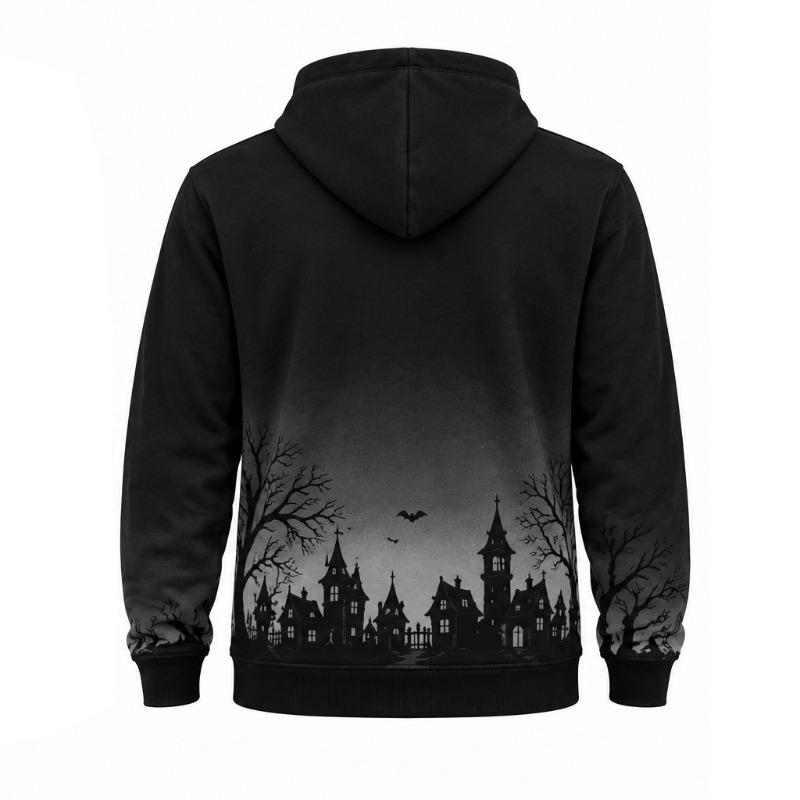 Custom Men’s Halloween Gothic Zip-Up Fleece Hoodie | Haunted House & Bat Print | OEM/ODM Manufacturer, Pakistan