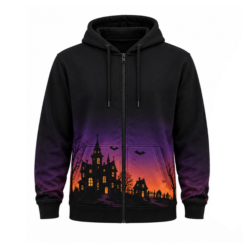 Custom Men’s Halloween Gothic Zip-Up Fleece Hoodie | Haunted House & Bat Print | OEM/ODM Manufacturer, Pakistan