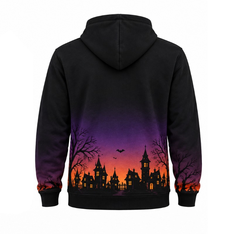 Custom Men’s Halloween Gothic Zip-Up Fleece Hoodie | Haunted House & Bat Print | OEM/ODM Manufacturer, Pakistan
