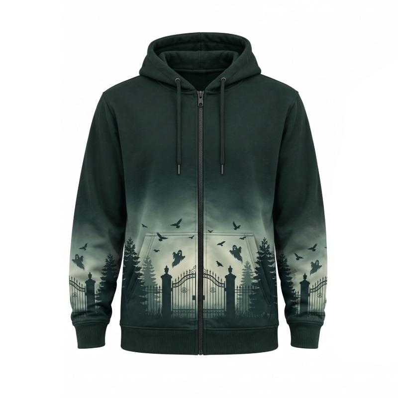 Custom Men’s Halloween Gothic Zip-Up Fleece Hoodie | Haunted House & Bat Print | OEM/ODM Manufacturer, Pakistan