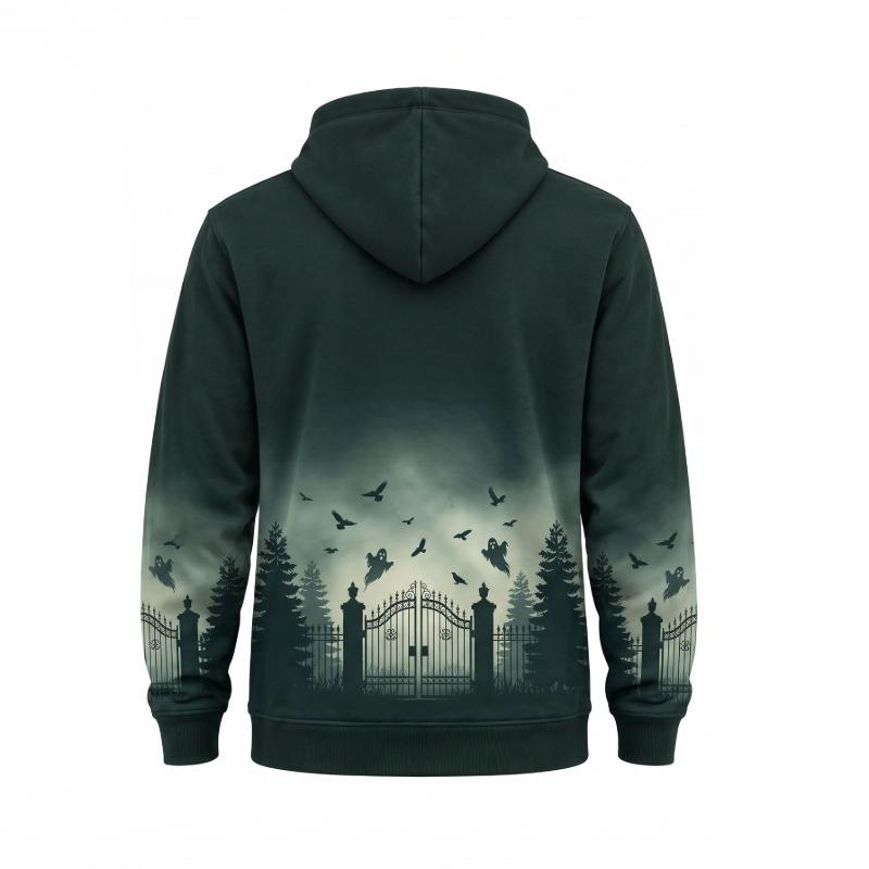 Custom Men’s Halloween Gothic Zip-Up Fleece Hoodie | Haunted House & Bat Print | OEM/ODM Manufacturer, Pakistan