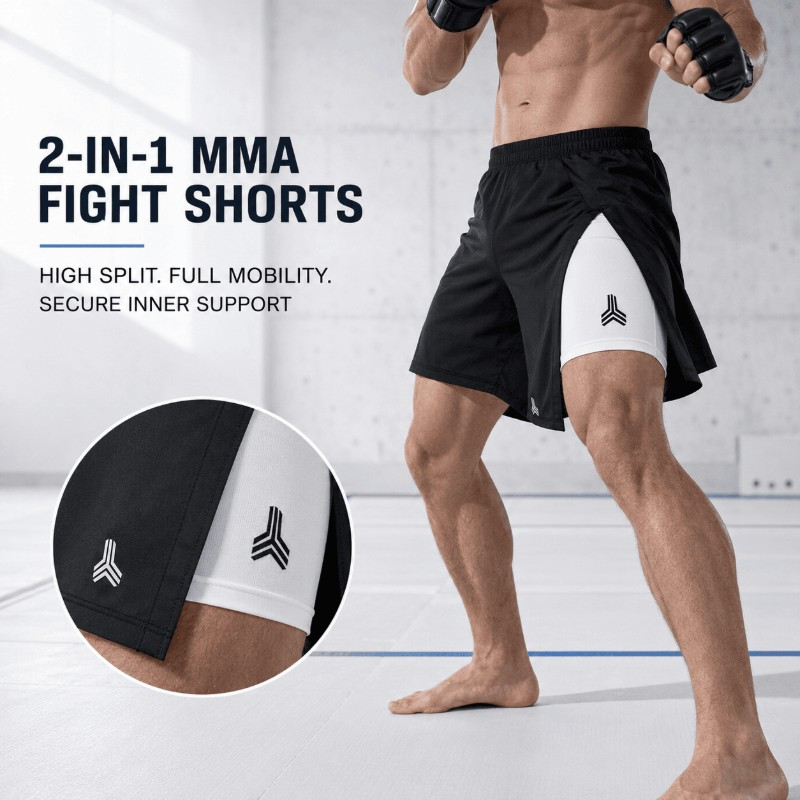 Custom 2 in 1 MMA Shorts Men, Double Layer High Slit Fight Shorts, 250GSM Soft Stretch Inner Liner, No Gi Kickboxing, Manufacturer Sialkot Pakistan