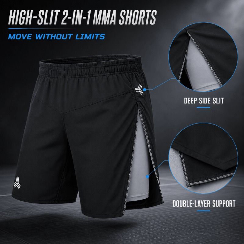 Custom 2 in 1 MMA Shorts Men, Double Layer High Slit Fight Shorts, 250GSM Soft Stretch Inner Liner, No Gi Kickboxing, Manufacturer Sialkot Pakistan