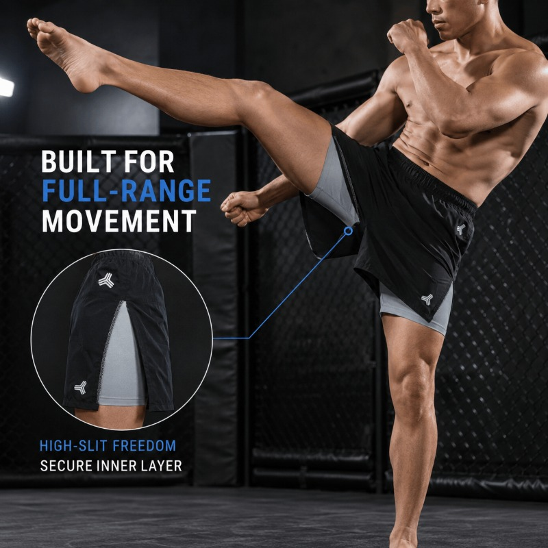Custom 2 in 1 MMA Shorts Men, Double Layer High Slit Fight Shorts, 250GSM Soft Stretch Inner Liner, No Gi Kickboxing, Manufacturer Sialkot Pakistan