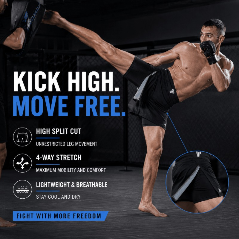 Custom 2 in 1 MMA Shorts Men, Double Layer High Slit Fight Shorts, 250GSM Soft Stretch Inner Liner, No Gi Kickboxing, Manufacturer Sialkot Pakistan