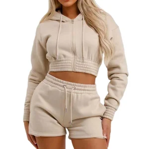Custom Women's Hoodie and Shorts Set, Cropped Zip-Up Two Piece Streetwear, 100% Cotton Fleece, Wholesale Logo Tracksuit Manufacturer Sialkot