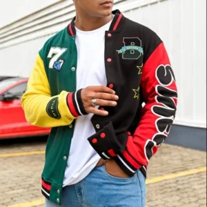 Custom Harajuku Retro Colorblock Letterman Jacket | Heavy Gauge Fleece Embroidered Graphic Hip Hop Varsity Jacket Bulk Supplier Sialkot, Pakistan