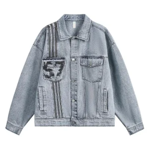 Wholesale Custom Denim Jacket Men for Clothing Brands, Vintage Wash Oversized Jean Jacket, Zipper Stripe Detail, Distressed Print, Streetwear Jean Jacket Manufacturer Pakistan