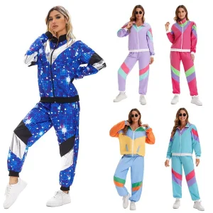 Custom Women's Retro Color Block Tracksuit | 80s Style Zip Up Track Jacket &amp; Jogger Pants Set | Polyester OEM Manufacturer Sialkot Pakistan